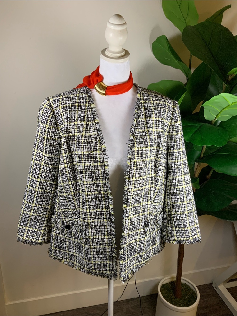 Kasper Yellow and Black Tweed Fringe Open-Front Blazer